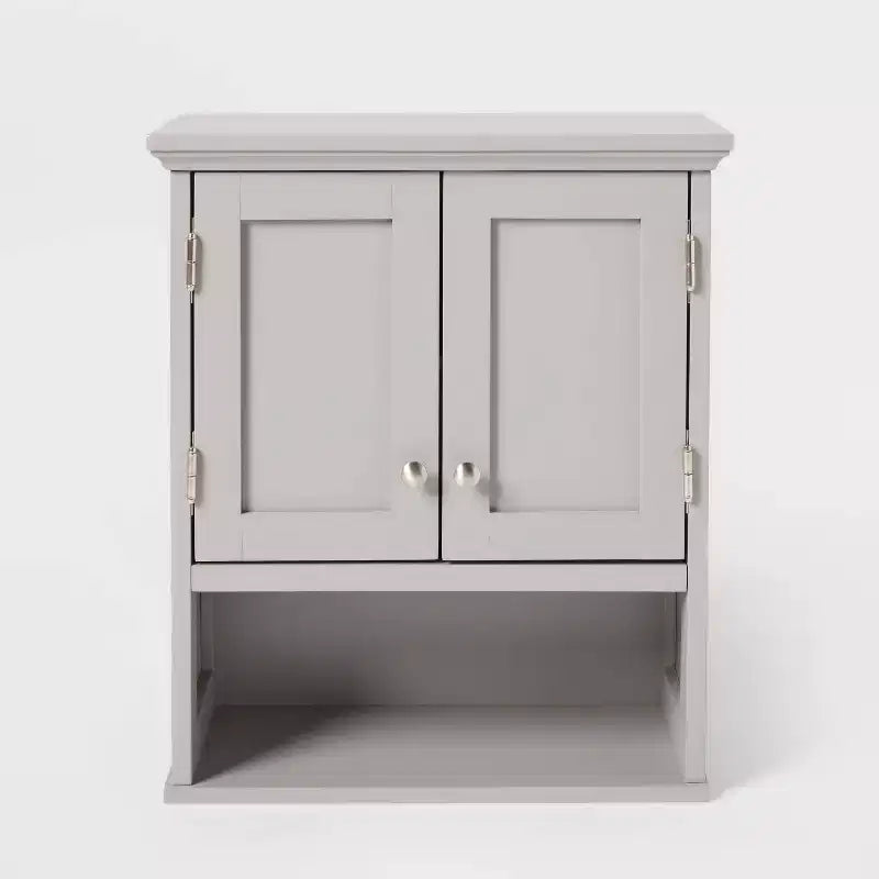 Mobiletto da parete in legno grigio con 2 ripiani aperti e anta singola per bagno in legno massello