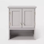 Mobiletto da parete in legno grigio con 2 ripiani aperti e anta singola per bagno in legno massello