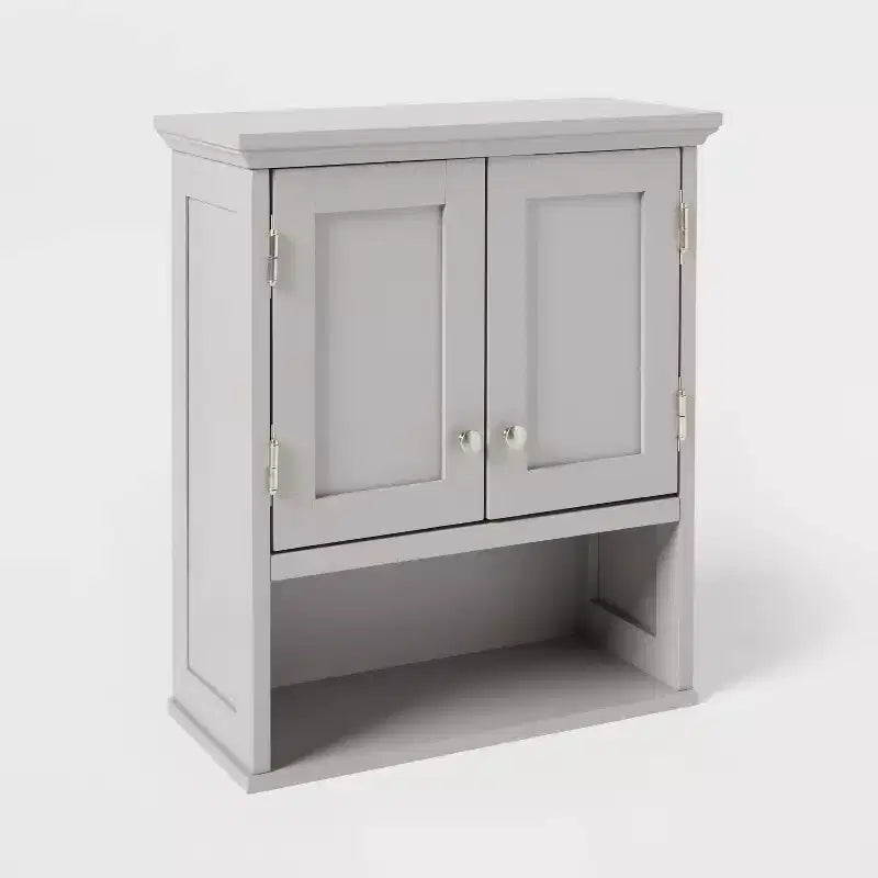 Mobiletto da parete in legno grigio con 2 ripiani aperti e anta singola per bagno in legno massello