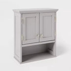 Mobiletto da parete in legno grigio con 2 ripiani aperti e anta singola per bagno in legno massello