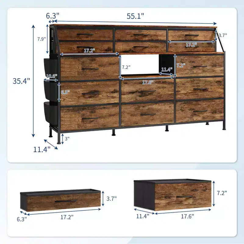 Comò moderno da 55" con mobile TV, 14 cassetti in tessuto, ampio armadio portaoggetti per camera da letto e corridoio