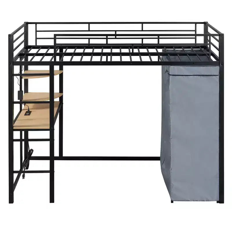 Letto a soppalco con armadio, scrivania, ripiani, presa di corrente e luce LED, struttura in metallo, singolo/una piazza e mezza