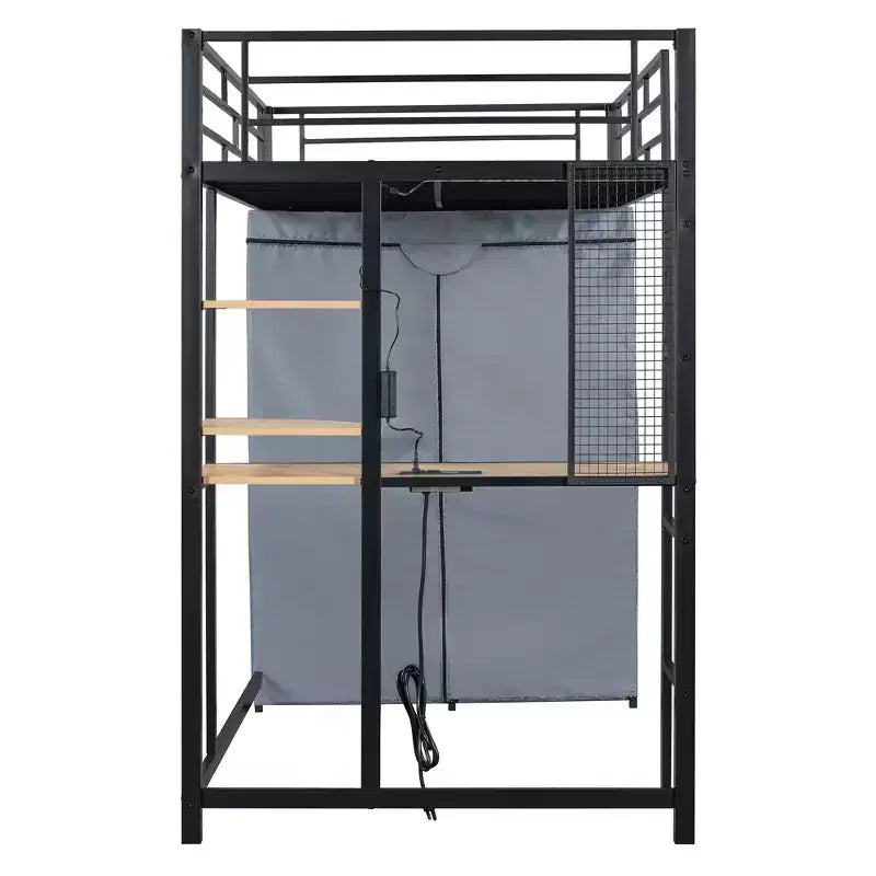 Letto a soppalco con armadio, scrivania, ripiani, presa di corrente e luce LED, struttura in metallo, singolo/una piazza e mezza