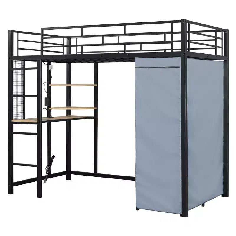 Letto a soppalco con armadio, scrivania, ripiani, presa di corrente e luce LED, struttura in metallo, singolo/una piazza e mezza