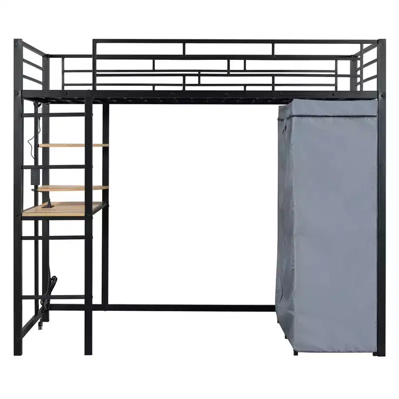 Letto a soppalco con armadio, scrivania, ripiani, presa di corrente e luce LED, struttura in metallo, singolo/una piazza e mezza
