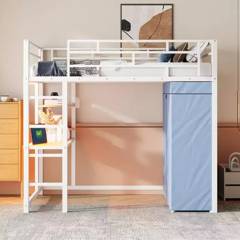 Letto a soppalco con armadio, scrivania, ripiani, presa di corrente e luce LED, struttura in metallo, singolo/una piazza e mezza