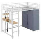 Letto a soppalco con armadio, scrivania, ripiani, presa di corrente e luce LED, struttura in metallo, singolo/una piazza e mezza