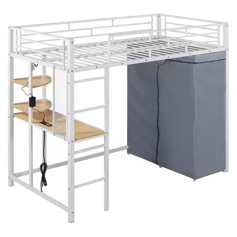 Letto a soppalco con armadio, scrivania, ripiani, presa di corrente e luce LED, struttura in metallo, singolo/una piazza e mezza