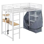 Letto a soppalco con armadio, scrivania, ripiani, presa di corrente e luce LED, struttura in metallo, singolo/una piazza e mezza