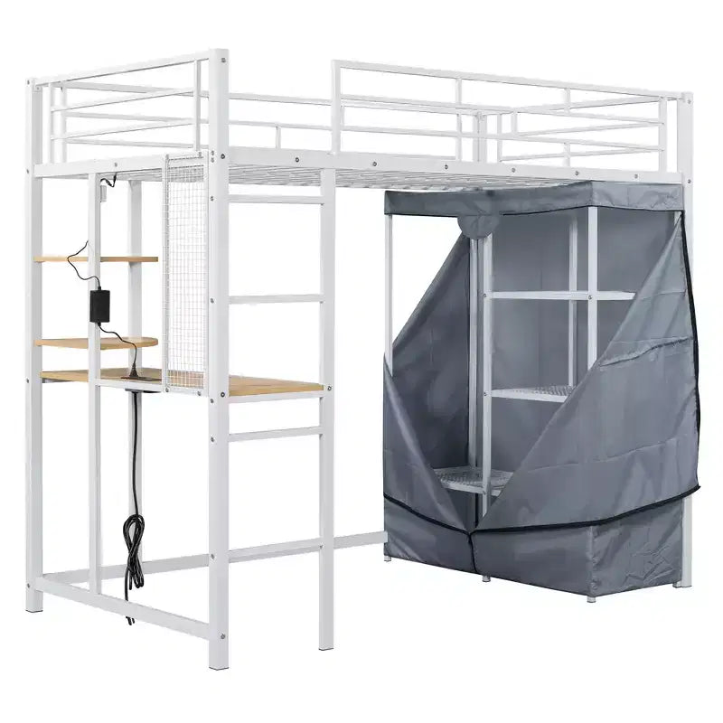 Letto a soppalco con armadio, scrivania, ripiani, presa di corrente e luce LED, struttura in metallo, singolo/una piazza e mezza