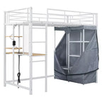Letto a soppalco con armadio, scrivania, ripiani, presa di corrente e luce LED, struttura in metallo, singolo/una piazza e mezza