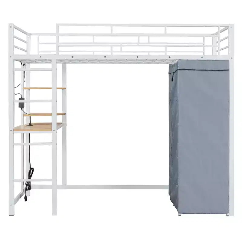 Letto a soppalco con armadio, scrivania, ripiani, presa di corrente e luce LED, struttura in metallo, singolo/una piazza e mezza