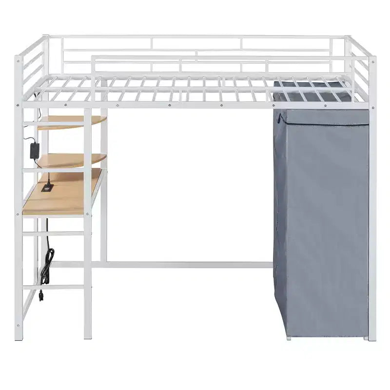 Letto a soppalco con armadio, scrivania, ripiani, presa di corrente e luce LED, struttura in metallo, singolo/una piazza e mezza