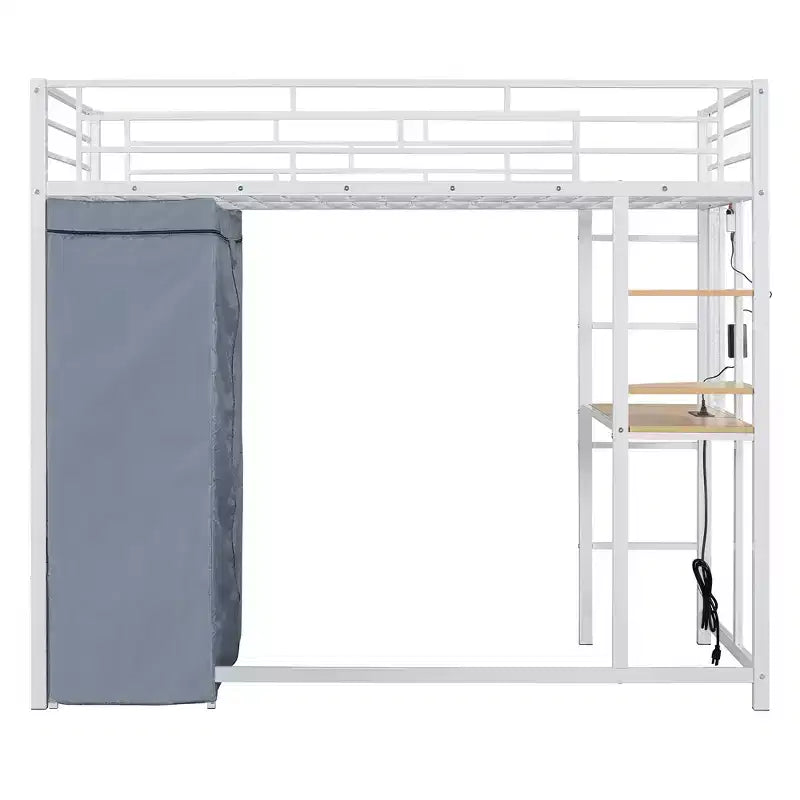 Letto a soppalco con armadio, scrivania, ripiani, presa di corrente e luce LED, struttura in metallo, singolo/una piazza e mezza
