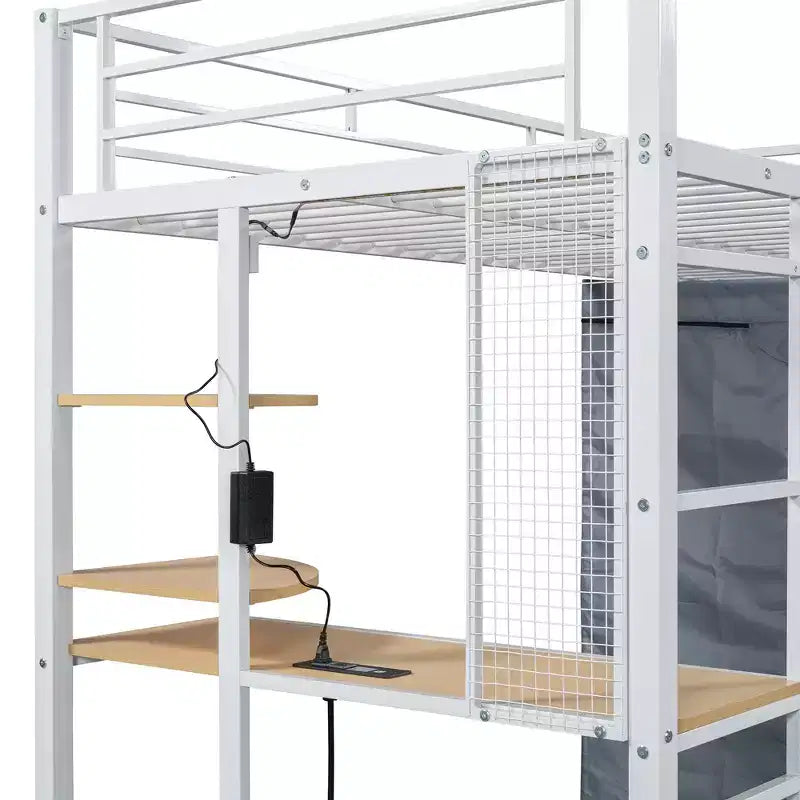 Letto a soppalco con armadio, scrivania, ripiani, presa di corrente e luce LED, struttura in metallo, singolo/una piazza e mezza