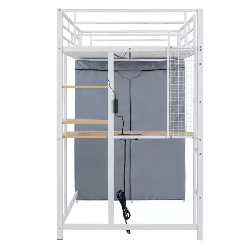 Letto a soppalco con armadio, scrivania, ripiani, presa di corrente e luce LED, struttura in metallo, singolo/una piazza e mezza