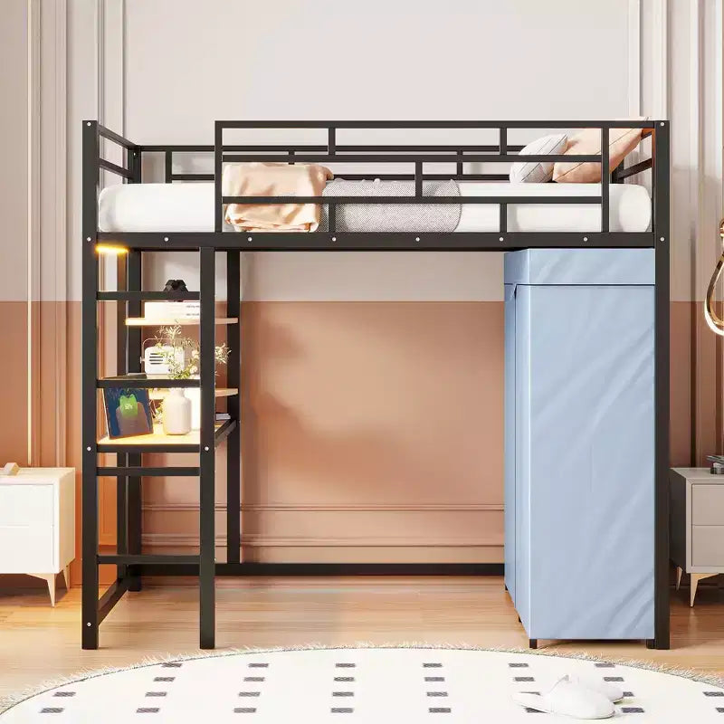 Letto a soppalco con armadio, scrivania, ripiani, presa di corrente e luce LED, struttura in metallo, singolo/una piazza e mezza