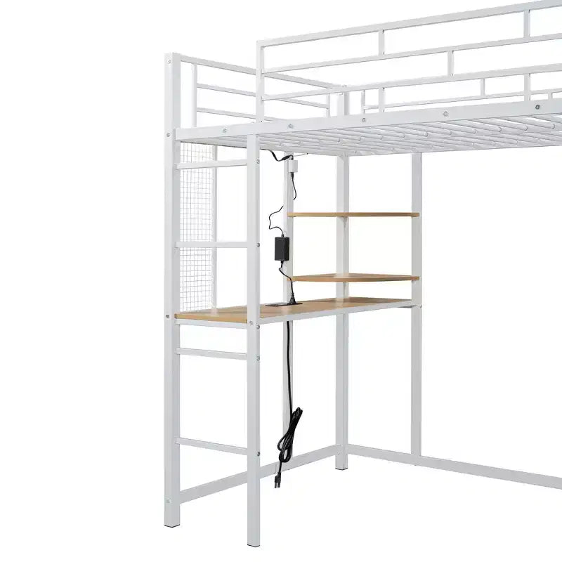 Letto a soppalco con armadio, scrivania, ripiani, presa di corrente e luce LED, struttura in metallo, singolo/una piazza e mezza