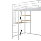 Letto a soppalco con armadio, scrivania, ripiani, presa di corrente e luce LED, struttura in metallo, singolo/una piazza e mezza