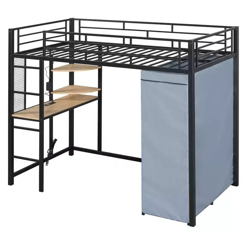 Letto a soppalco con armadio, scrivania, ripiani, presa di corrente e luce LED, struttura in metallo, singolo/una piazza e mezza