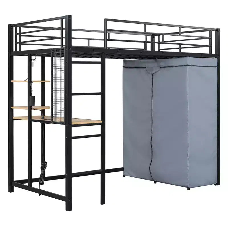 Letto a soppalco con armadio, scrivania, ripiani, presa di corrente e luce LED, struttura in metallo, singolo/una piazza e mezza