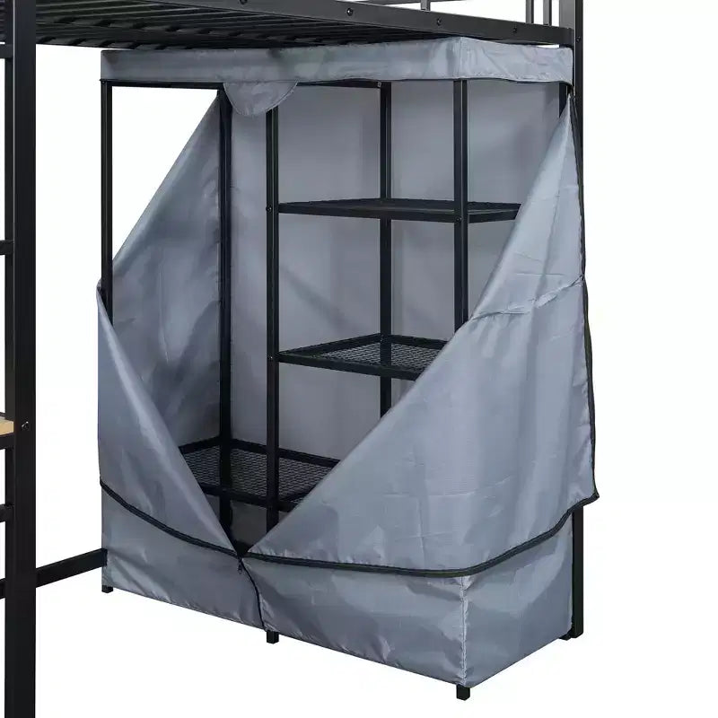 Letto a soppalco con armadio, scrivania, ripiani, presa di corrente e luce LED, struttura in metallo, singolo/una piazza e mezza