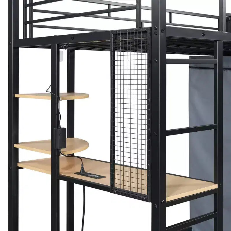 Letto a soppalco con armadio, scrivania, ripiani, presa di corrente e luce LED, struttura in metallo, singolo/una piazza e mezza