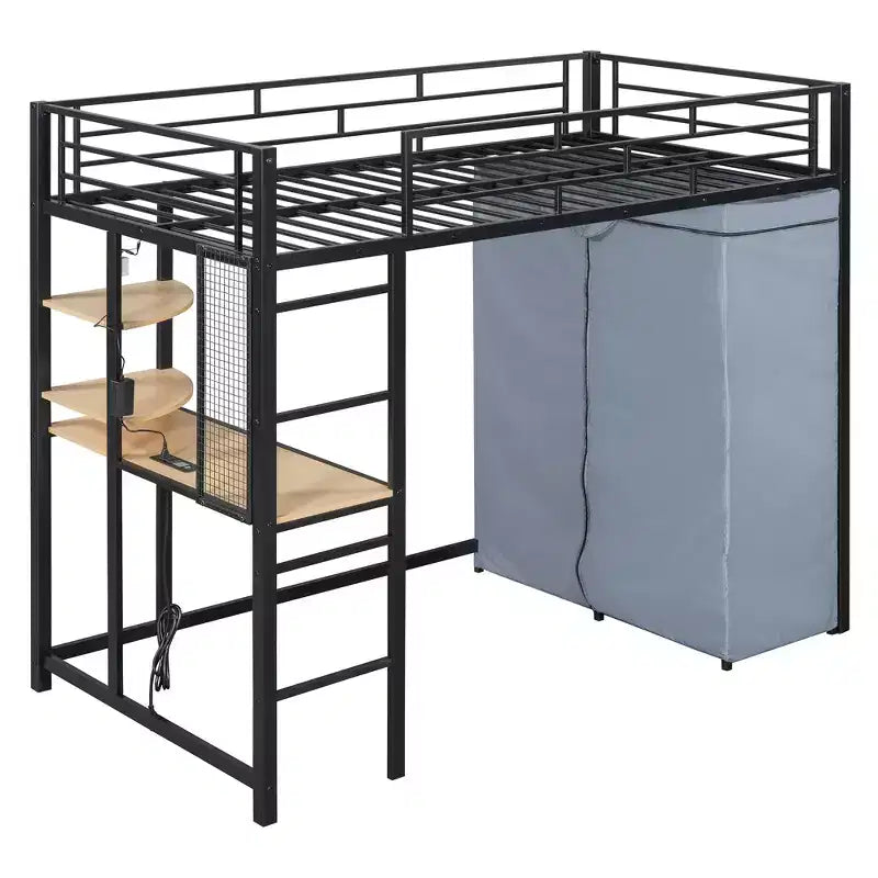Letto a soppalco con armadio, scrivania, ripiani, presa di corrente e luce LED, struttura in metallo, singolo/una piazza e mezza
