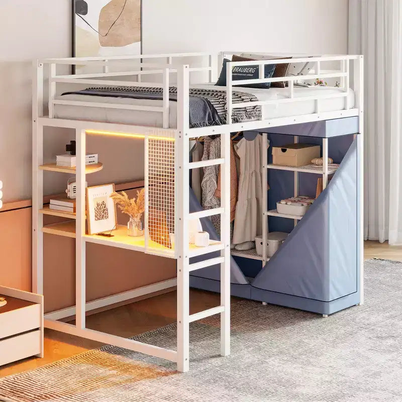 Letto a soppalco con armadio, scrivania, ripiani, presa di corrente e luce LED, struttura in metallo, singolo/una piazza e mezza