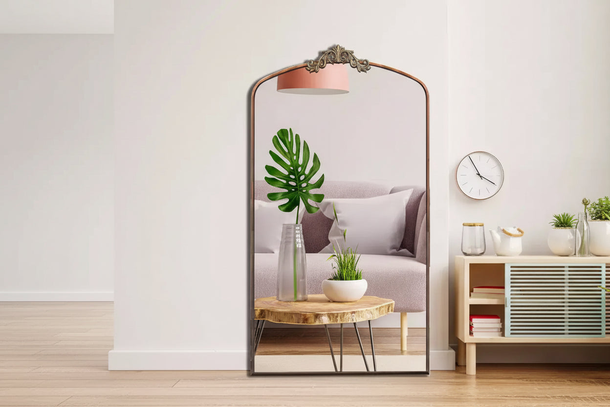Specchio a figura intera da terra 66"x36" con cornice in metallo intagliato vintage, ad arco, oversize, inclinabile