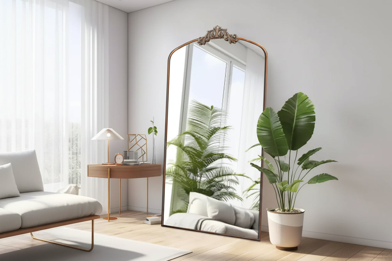 Specchio a figura intera da terra 66"x36" con cornice in metallo intagliato vintage, ad arco, oversize, inclinabile