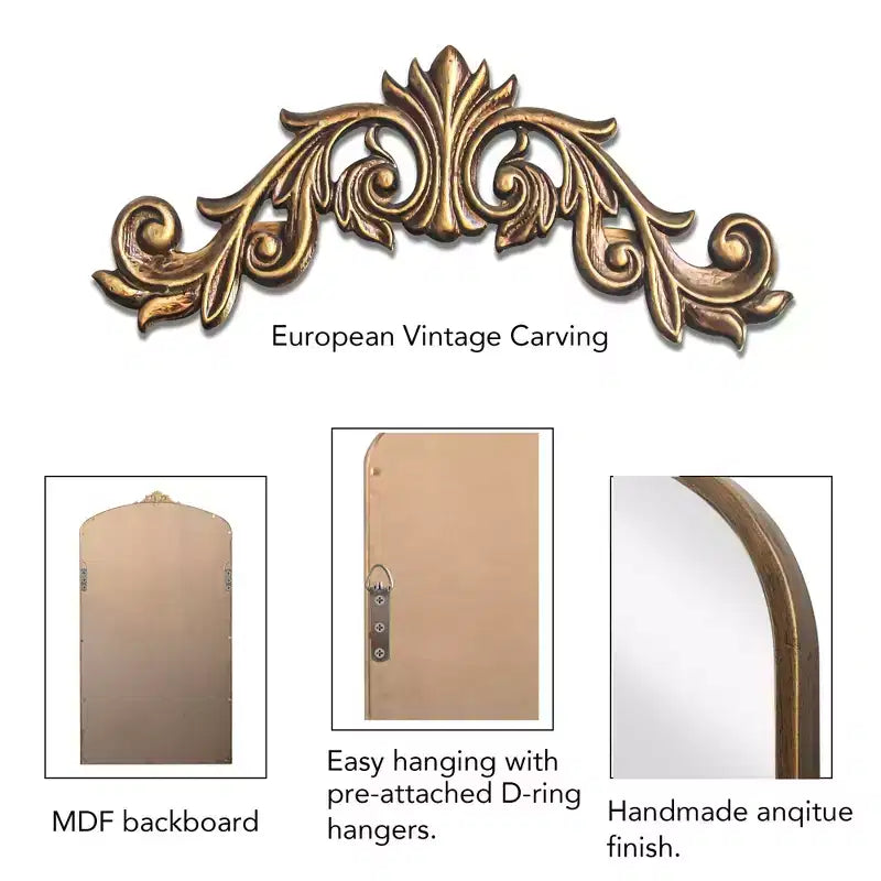 Specchio a figura intera da terra 66"x36" con cornice in metallo intagliato vintage, ad arco, oversize, inclinabile