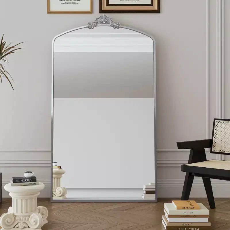 Specchio a figura intera da terra 66"x36" con cornice in metallo intagliato vintage, ad arco, oversize, inclinabile