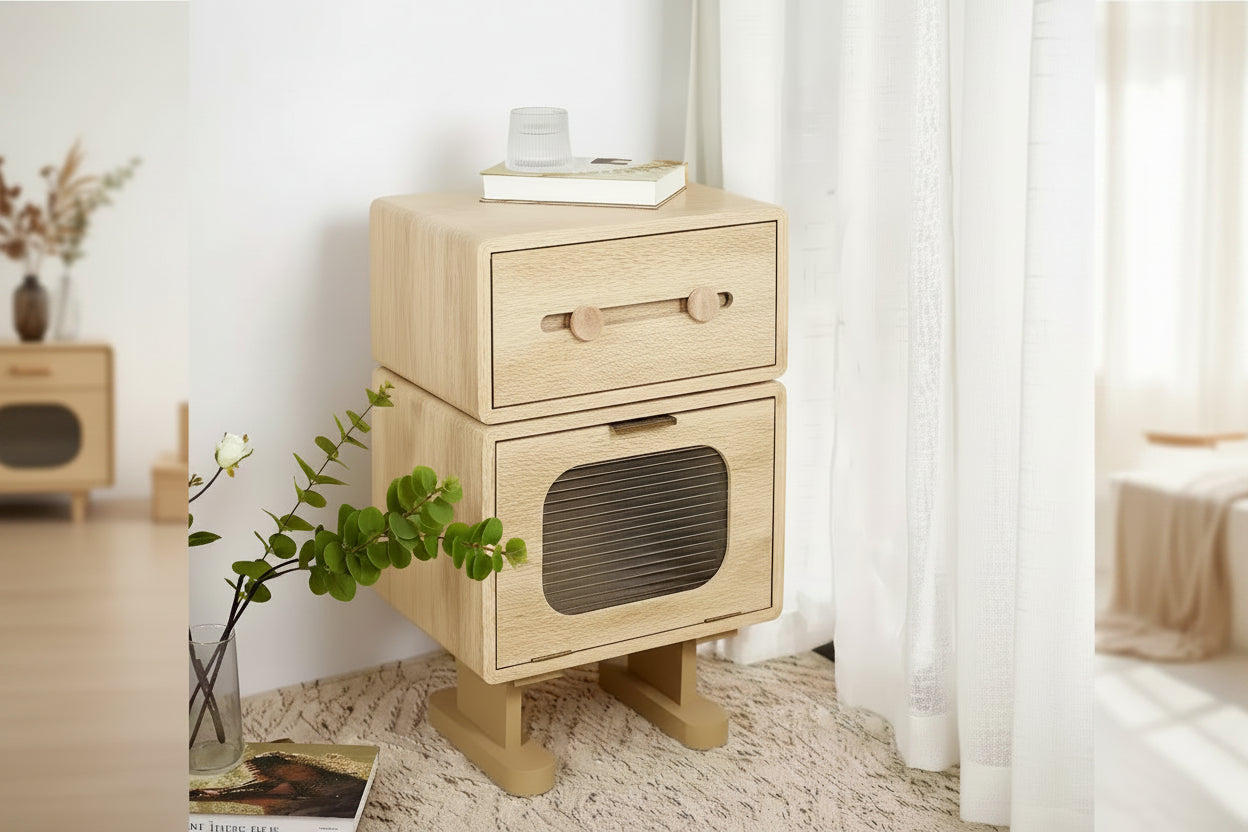 Creative Swivel Robot Nightstands Storage Side Table, Natural Finish