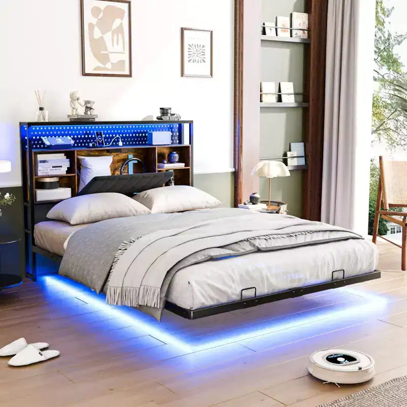 Giroletto Galleggiante con Luci LED Stazione di Ricarica Contenitore Nascosto e Testiera in Velluto Una Piazza