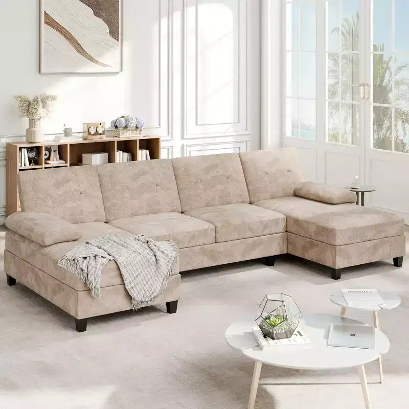 Divano sezionale a U da 106" a 4 posti con doppia chaise longue, in tessuto confortevole per appartamento
