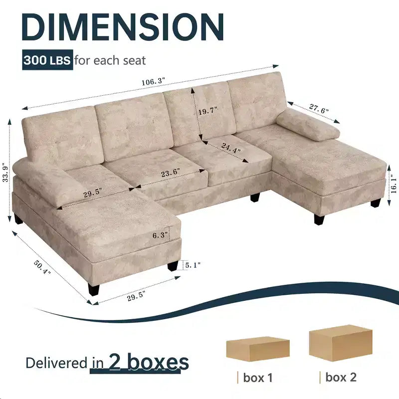 Divano sezionale a U da 106" a 4 posti con doppia chaise longue, in tessuto confortevole per appartamento