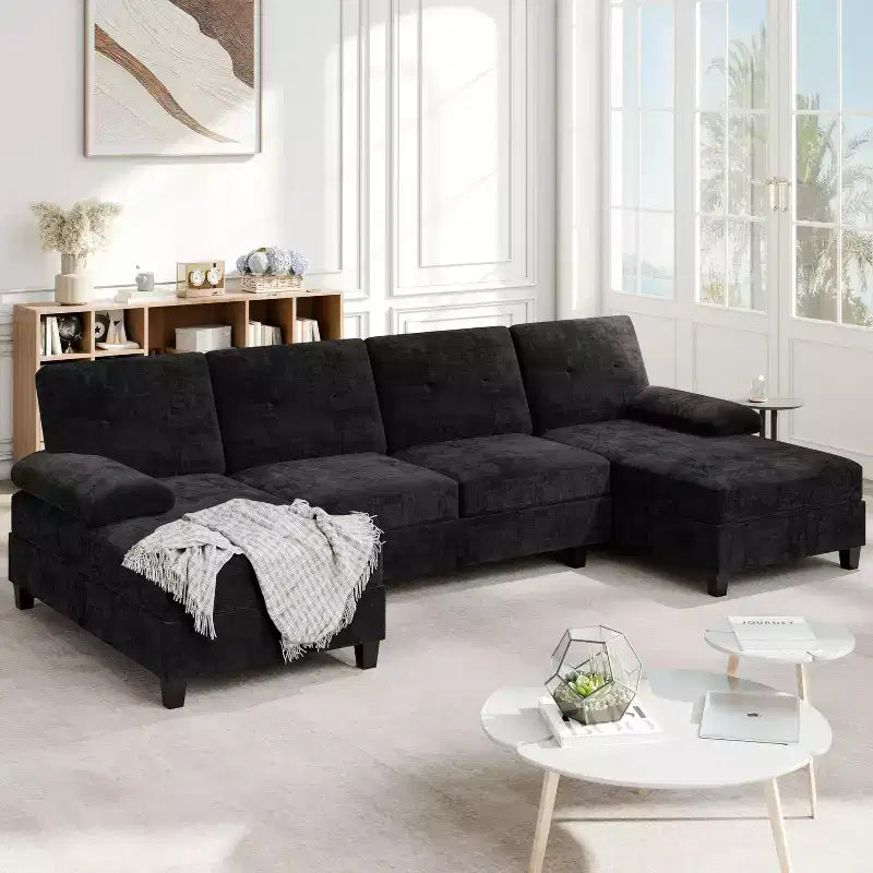 Divano sezionale a U da 106" a 4 posti con doppia chaise longue, in tessuto confortevole per appartamento