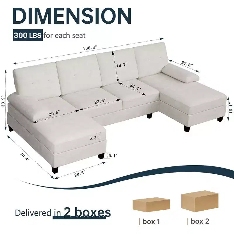 Divano sezionale a U da 106" a 4 posti con doppia chaise longue, in tessuto confortevole per appartamento