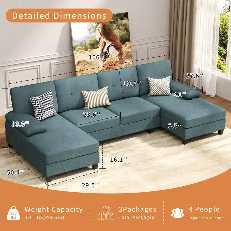 Divano sezionale a U da 106" a 4 posti con doppia chaise longue, in tessuto confortevole per appartamento