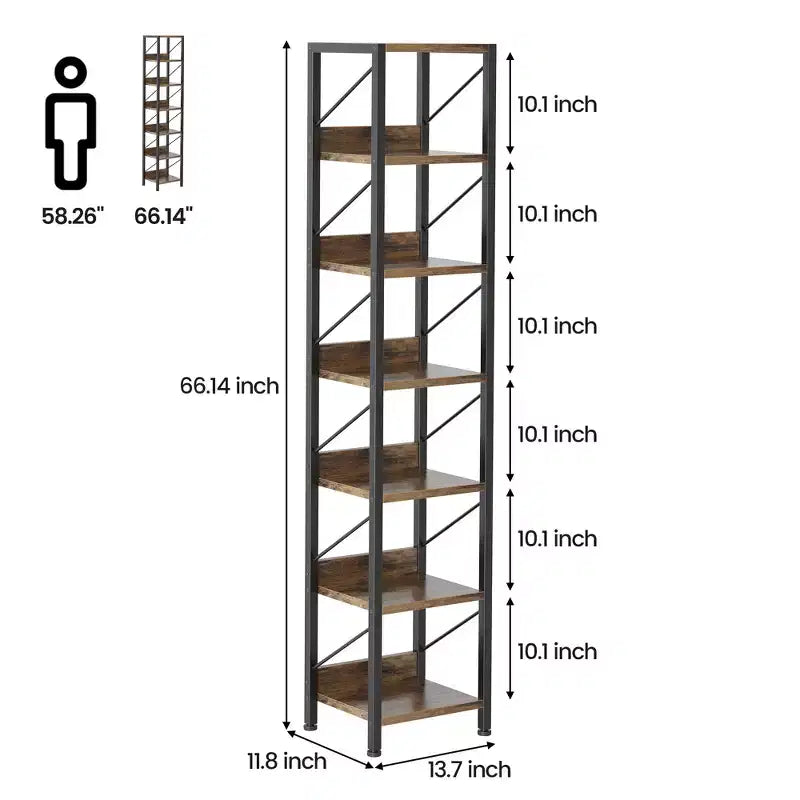 Libreria stretta a 6 ripiani, scaffale alto e sottile, mensola angolare rustica industriale per camera da letto e ufficio