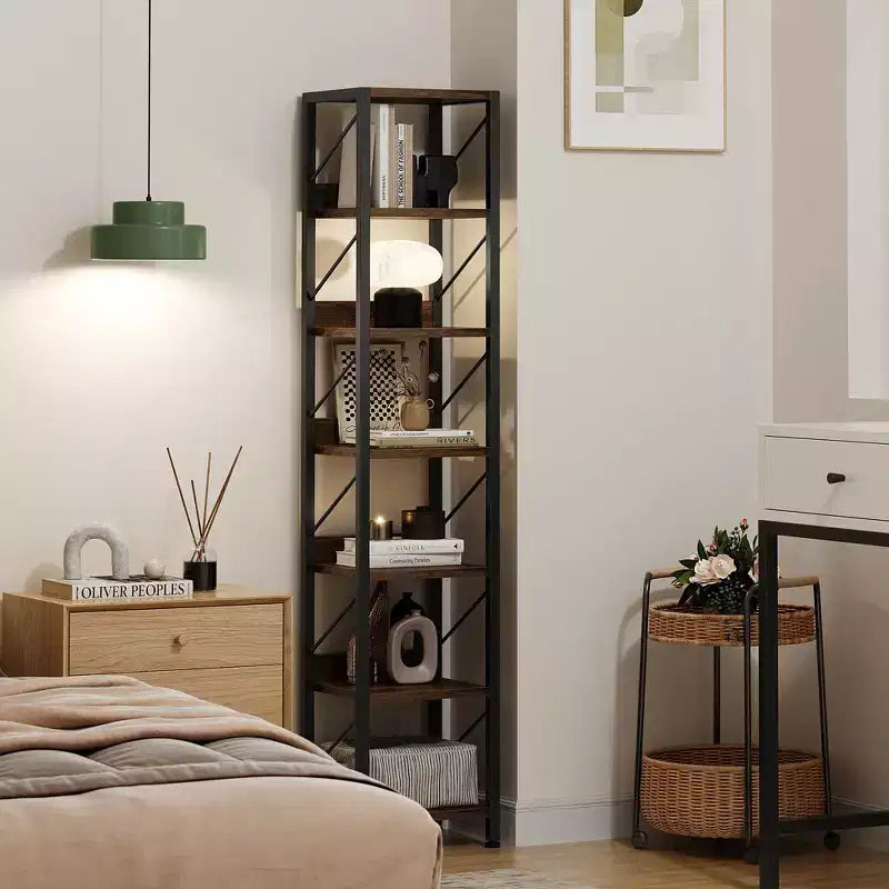 Libreria stretta a 6 ripiani, scaffale alto e sottile, mensola angolare rustica industriale per camera da letto e ufficio