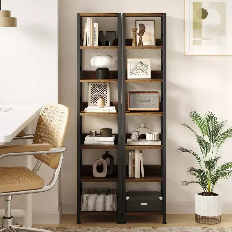 Libreria stretta a 6 ripiani, scaffale alto e sottile, mensola angolare rustica industriale per camera da letto e ufficio