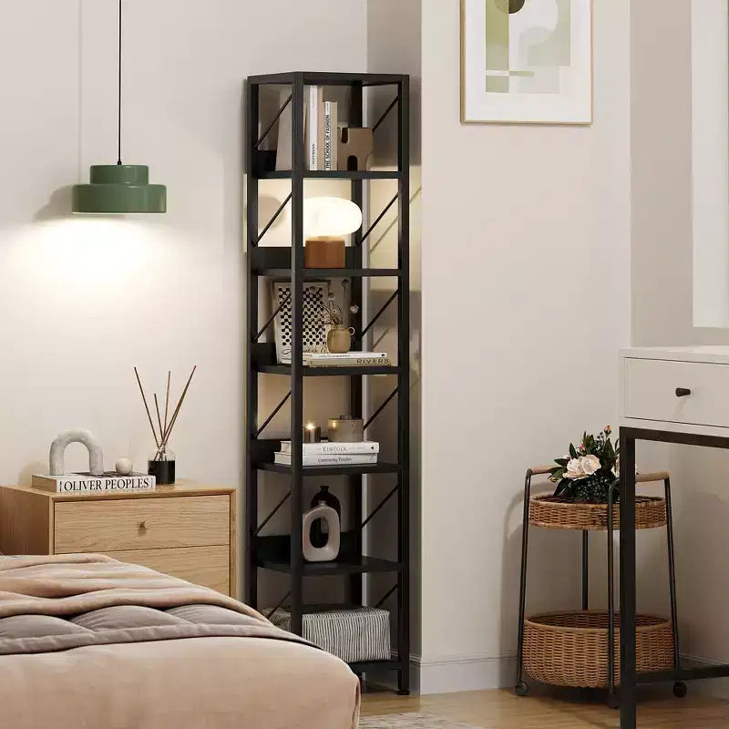 Libreria stretta a 6 ripiani, scaffale alto e sottile, mensola angolare rustica industriale per camera da letto e ufficio