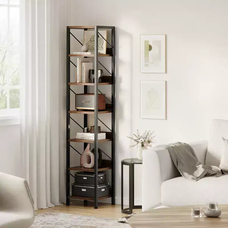 Libreria stretta a 6 ripiani, scaffale alto e sottile, mensola angolare rustica industriale per camera da letto e ufficio