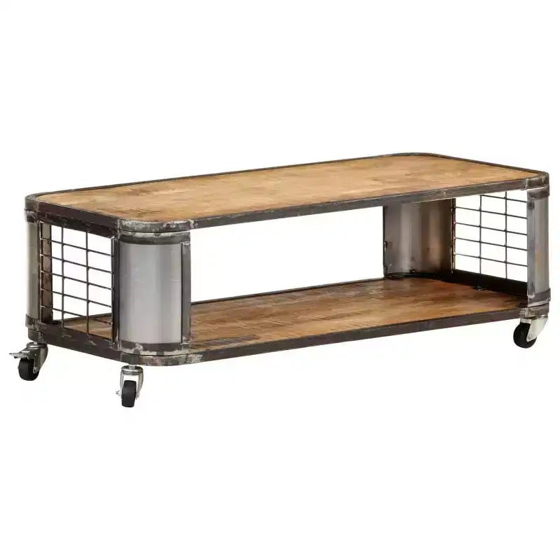 Tavolino da salotto con 4 ruote, in legno massello di mango, 100 cm, design industriale, ripiano inferiore