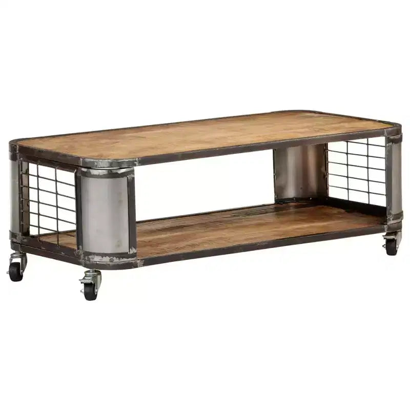 Tavolino da salotto con 4 ruote, in legno massello di mango, 100 cm, design industriale, ripiano inferiore