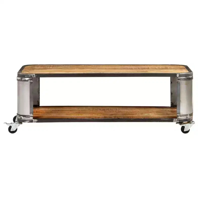 Tavolino da salotto con 4 ruote, in legno massello di mango, 100 cm, design industriale, ripiano inferiore