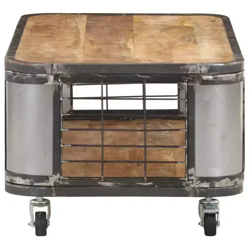 Tavolino da salotto con 4 ruote, in legno massello di mango, 100 cm, design industriale, ripiano inferiore