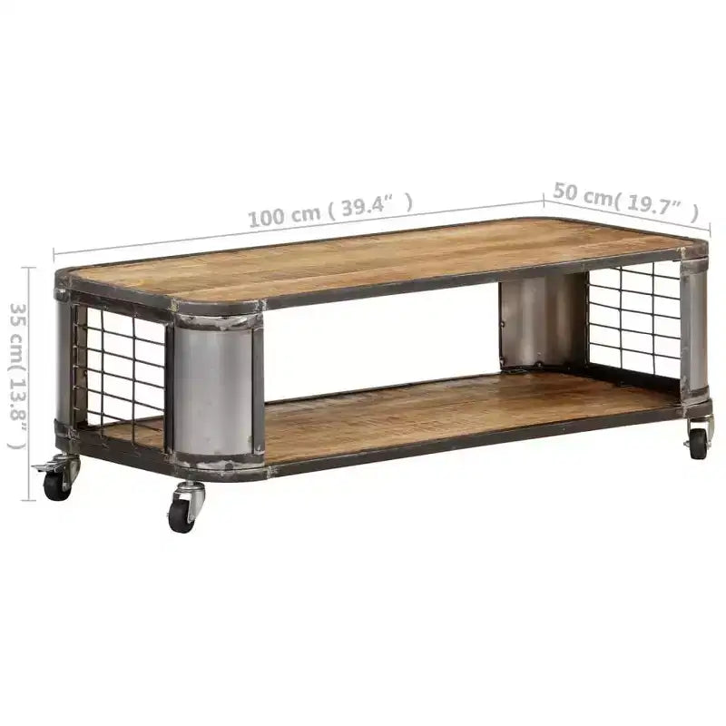 Tavolino da salotto con 4 ruote, in legno massello di mango, 100 cm, design industriale, ripiano inferiore